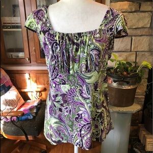 SUSAN LAWERENCE SIZE MEDIUM GREEN AND PURPLE CAP SLEEVE BLOUSE RUCHED FRONT